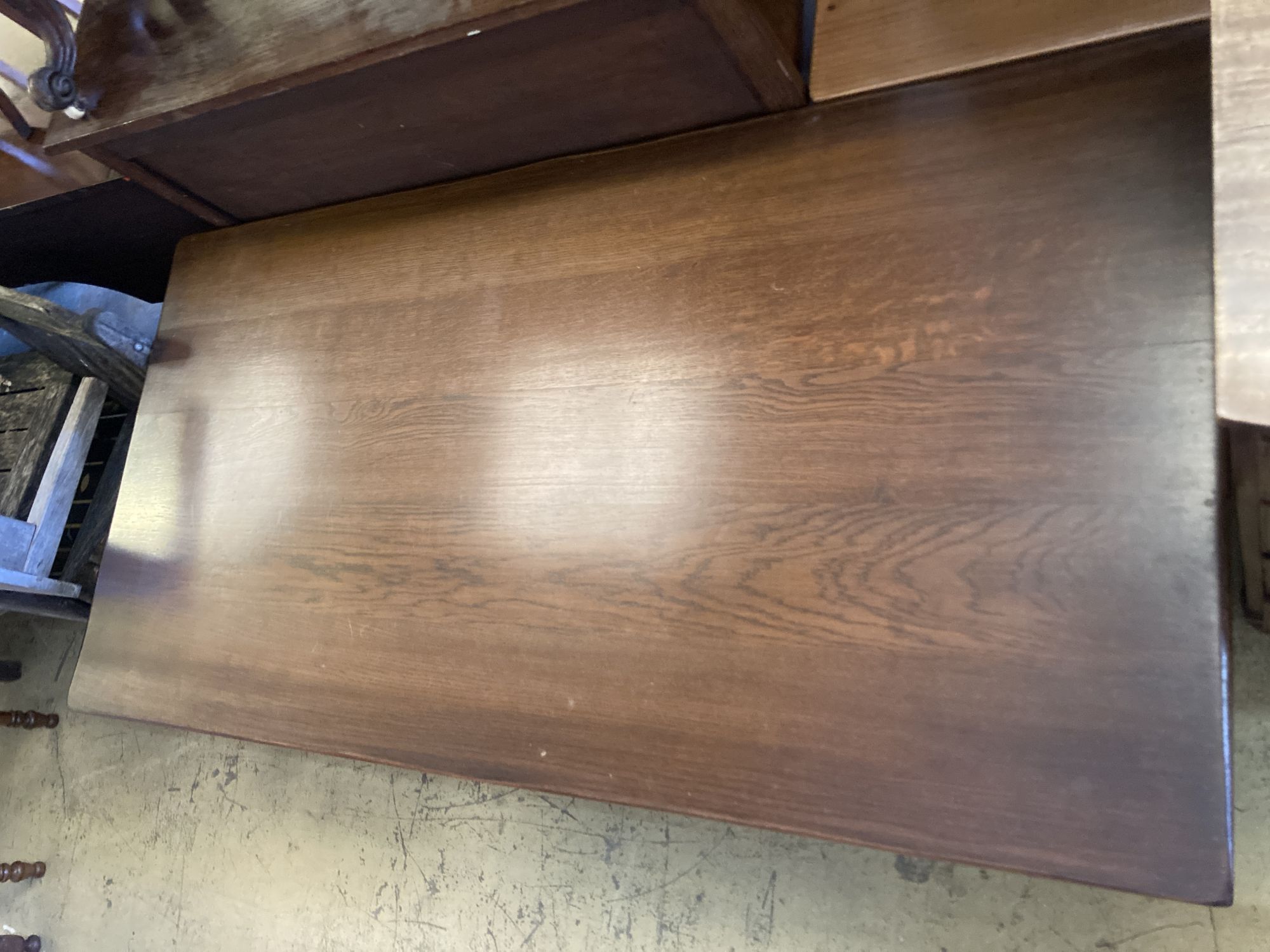 An 18th century style rectangular oak refectory dining table, width 152cm, depth 78cm, height 77cm